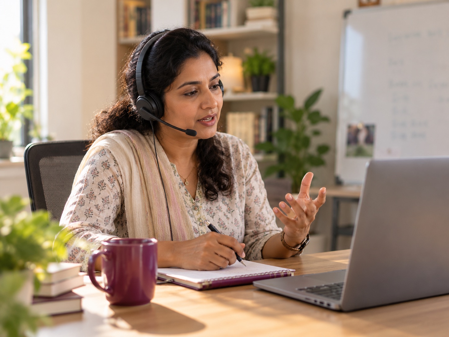 A Tusu tutor teaching an online lesson from their desk